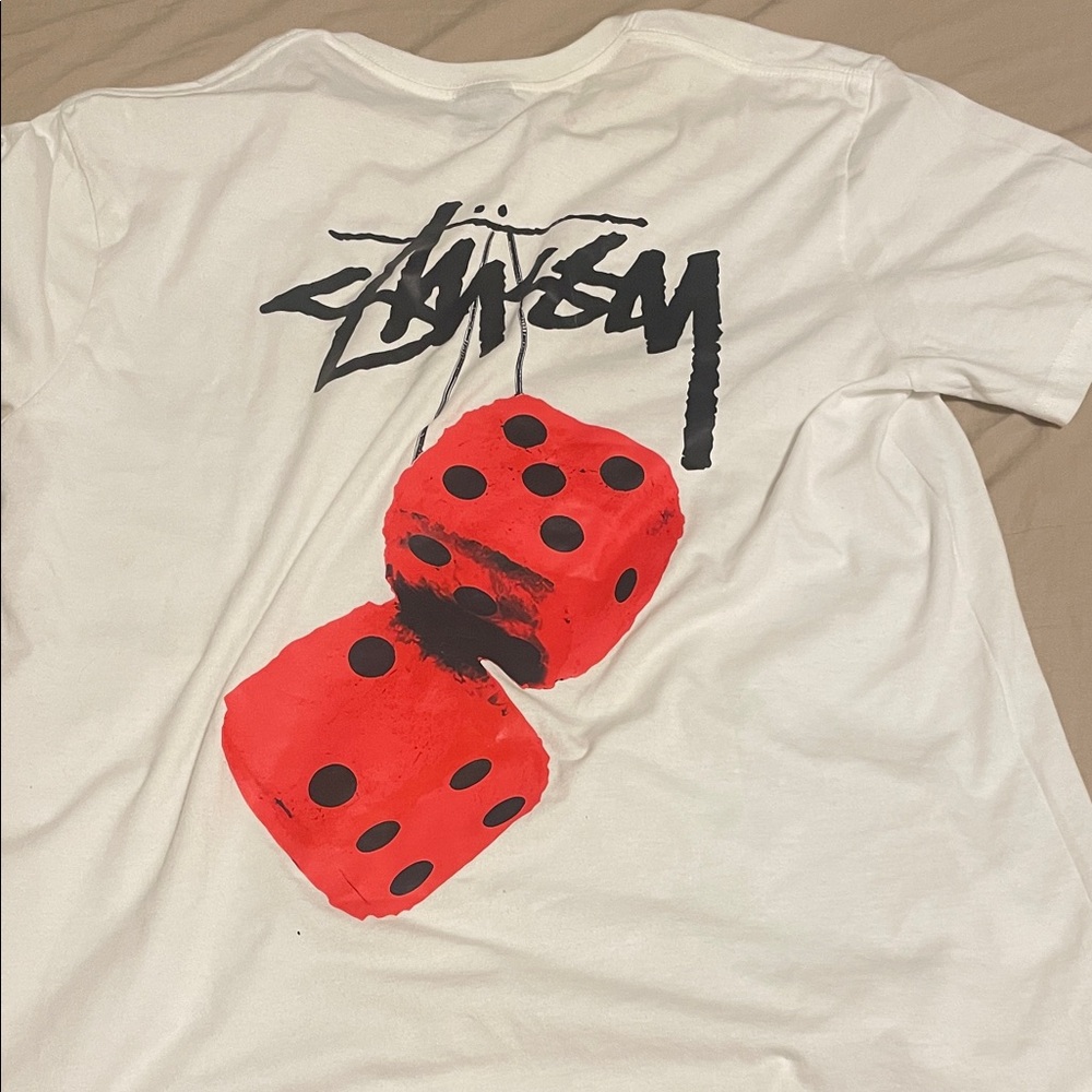 Stussy White Tee with Red Dice Design